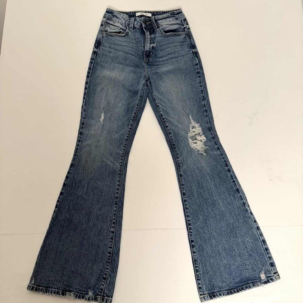 willow & root Womens Flare Jeans 24x32 Medium Wash Distressed Raw Hem  Denim